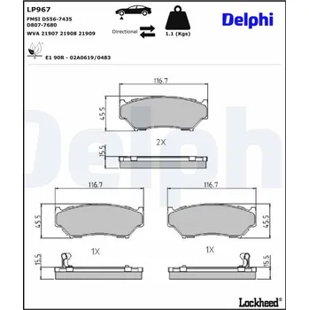 Brzdová destička Sada brzdových destiček, kotoučová brzda DELPHI LP967