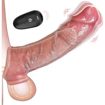 Návlek na penis SuperLove Super Realistic Vibrating Penis Liquid Silicone Extender with Remote