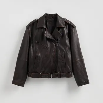 Dámský kabát Reserved - Kožená bunda typu biker - tmavě hnědá - WM898-89X - WM898-89X-M