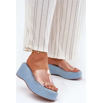 Dámská obuv Dámské pantofle s průhledným páskem na klínu Meltiana Barva: Modrá, Velikost: 40