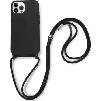 Pouzdro na mobilní telefon Gumový ochranný kryt se šňůrkou na krk pro Apple iPhone 17 Pro - černý