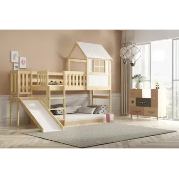 Dětská postel BMS Group Dětská patrová postel domeček se skluzavkou 200 x 90 Přírodní dřevo