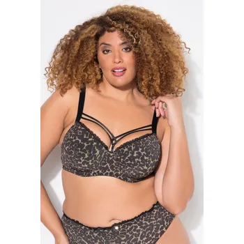 Podprsenka Ulla Popken, Plus size Podprsenka s kosticemi TruYou, měkké košíčky zvířecí vzor, ozdobné stuhy, B-F pro plnoštíhlé nadměrná velikost, 835627100-1103, černý, 100E, Nadměrné velikosti, Plus size oblečení, Oblečení pro boubelky, Oblečení pro baculky, Obleče