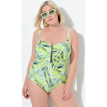 Dámské plavky Ulla Popken, Plus size Plavky, vlnitý vzor, měkké košíčky, zip pro plnoštíhlé nadměrná velikost, 837622754-1011, zelený, 50, Nadměrné velikosti, Plus size oblečení, Oblečení pro boubelky, Oblečení pro baculky, Oblečení pro plnoštíhlé, Oblečení pro vysoké 