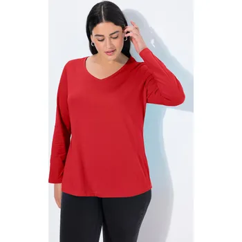 Dámské tričko Ulla Popken, Plus size Tričko, Slim, výstřih do V, dlouhé rukávy pro plnoštíhlé nadměrná velikost, 719505510-1131, červený, 54/56, Nadměrné velikosti, Plus size oblečení, Oblečení pro boubelky, Oblečení pro baculky, Oblečení pro plnoštíhlé, Oblečení pro v