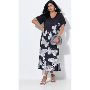 Dámské šaty Ulla Popken, Plus size Slinky midi šaty, motýli, výstřih do V, krátké rukávy pro plnoštíhlé nadměrná velikost, 839495100-1128, černý, 42/44, Nadměrné velikosti, Plus size oblečení, Oblečení pro boubelky, Oblečení pro baculky, Oblečení pro plnoštíhlé, Oble