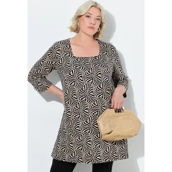 Dámské tričko Ulla Popken, Plus size Dlouhé tričko, A střih, hranatý výstřih, 3/4 rukávy pro plnoštíhlé nadměrná velikost, 842519100-1131, černý, 54/56, Nadměrné velikosti, Plus size oblečení, Oblečení pro boubelky, Oblečení pro baculky, Oblečení pro plnoštíhlé, Obleče