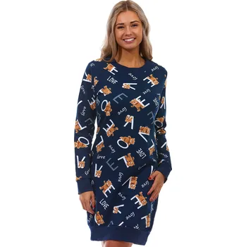 Dámská noční košile Modrá i hnědá bavlněná extra TEPLÁ košilka pro ženy Plyšový medvídek LOVE 1C3466 modrá m