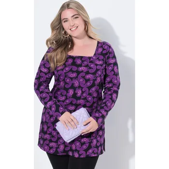 Dámské tričko Ulla Popken, Plus size Dlouhé tričko, kašmírový vzor, A střih, hranatý výstřih, dlouhé rukávy pro plnoštíhlé nadměrná velikost, 844605823-1131, nachový, 54/56, Nadměrné velikosti, Plus size oblečení, Oblečení pro boubelky, Oblečení pro baculky, Oblečení p