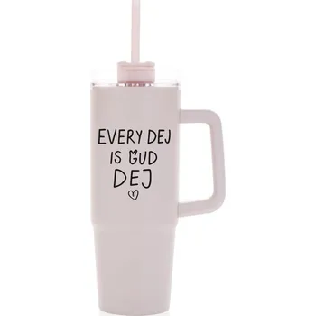 Termohrnek EVERY DEJ IS GUD DEJ - růžový cestovní hrnek s průhledným víčkem 900 ml