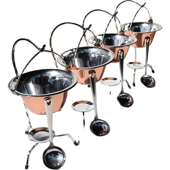 Kempingové nádobí Servírovací gulášový kotlík na stojánku měděný-nerezový set 4 kusy s naběračkami (souprava 4 kusů nerezových poměděných kotlíků na nerezových stojáncích s naběračkami)