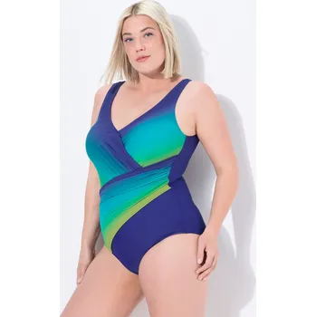 Dámské plavky Ulla Popken, Plus size Plavky, řasení, barevný přechod, měkké košíčky, recyklovaný materiál pro plnoštíhlé nadměrná velikost, 837691740-1012, modrý, 52, Nadměrné velikosti, Plus size oblečení, Oblečení pro boubelky, Oblečení pro baculky, Oblečení pro plno