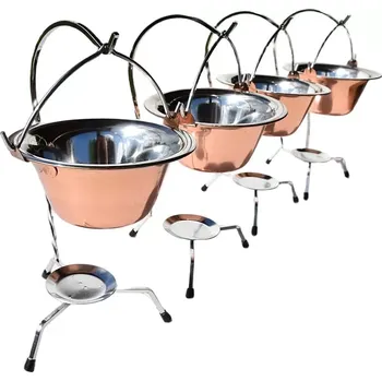 Kempingové nádobí Servírovací gulášový kotlík na stojánku měděný-nerezový set 4 kusy (souprava 4 kusů nerezových poměděných kotlíků na nerezových stojáncích)