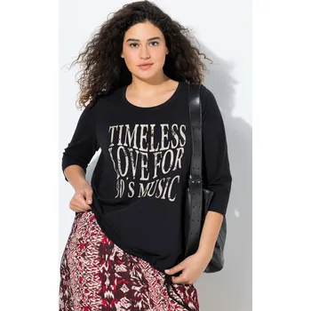 Dámské tričko Ulla Popken, Plus size Tričko, nápis, kulatý výstřih, 3/4 rukávy, stuha na lemu pro plnoštíhlé nadměrná velikost, 842120100-1129, černý, 46/48, Nadměrné velikosti, Plus size oblečení, Oblečení pro boubelky, Oblečení pro baculky, Oblečení pro plnoštíhlé, O
