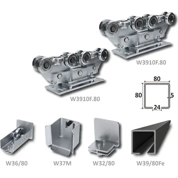 Pohon brány sada pro nesenou bránu W Set 80/Fe - kování pro posuvnou samonosnou bránu, C profil černý 80 x 80 x 5 mm, 6 m, 2 x vozík 10 kol., kapsa, kolo