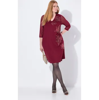 Dámské šaty Ulla Popken, Plus size Punto šaty, flitrové květy, výstřih do V, 3/4 rukávy pro plnoštíhlé nadměrná velikost, 842682349-1131, červený, 54/56, Nadměrné velikosti, Plus size oblečení, Oblečení pro boubelky, Oblečení pro baculky, Oblečení pro plnoštíhlé, Obl