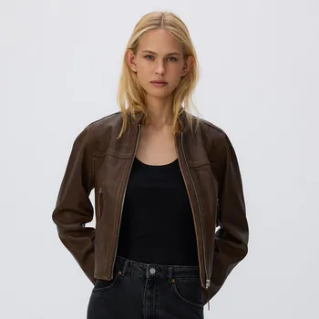 Dámský kabát Reserved - Kožená bunda se stojáčkem - hnědá - UA657-88X - UA657-88X-S