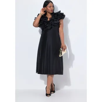 Dámské šaty Ulla Popken, Plus size Večerní maxi šaty, volány, výstřih do V, bez rukávů pro plnoštíhlé nadměrná velikost, 843070100-1130, černý, 50/52, Nadměrné velikosti, Plus size oblečení, Oblečení pro boubelky, Oblečení pro baculky, Oblečení pro plnoštíhlé, Obleče