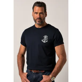 Pánské tričko JP1880, Plus size Tričko JP1880, krátké rukávy, potisk na hrudi, do 8XL pro plnoštíhlé nadměrná velikost, 842057130-1907, modrý, 8XL, Plus size oblečení, Oblečení pro vysoké muže, Nadměrné velikosti, Oblečení pro plnoštíhlé.