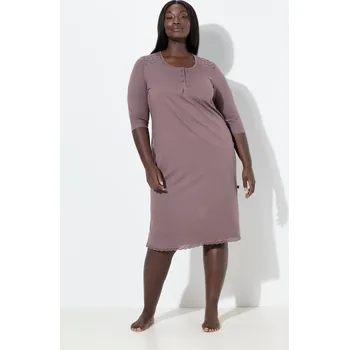 Dámská noční košile Ulla Popken, Plus size Noční košile, děrovaná výšivka, ozdobné sklady, kulatý výstřih, 3/4 rukávy pro plnoštíhlé nadměrná velikost, 833659345-1128, hnědý, 42/44, Nadměrné velikosti, Plus size oblečení, Oblečení pro boubelky, Oblečení pro baculky, Oblečení