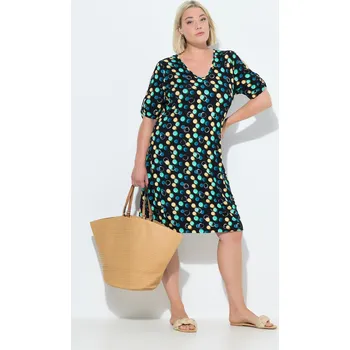 Dámské šaty Ulla Popken, Plus size Plážové šaty, puntíky, ozdobné stuhy, výstřih do V, krátké rukávy pro plnoštíhlé nadměrná velikost, 837505100-1131, černý, 54/56, Nadměrné velikosti, Plus size oblečení, Oblečení pro boubelky, Oblečení pro baculky, Oblečení pro plno