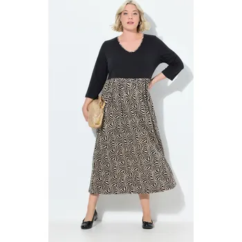 Dámské šaty Ulla Popken, Plus size Žerzejové šaty, A střih, výstřih do V, 3/4 rukávy pro plnoštíhlé nadměrná velikost, 842517100-1134, černý, 66/68, Nadměrné velikosti, Plus size oblečení, Oblečení pro boubelky, Oblečení pro baculky, Oblečení pro plnoštíhlé, Oblečení