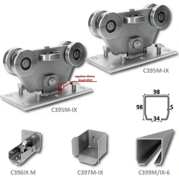 Pohon brány sada pro samonosnou bránu MEDIO INOX, nerez - nerezové kování pro posuvnou bránu, šířka průjezdu do 10 m, váha do 800 kg, obsahuje profil 98 x 98 x 5 mm, 6 m, 2 x vozík, kapsu, kolo