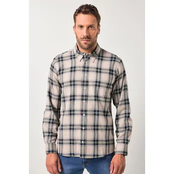 Pánská košile JP1880, Plus size Kostkovaná flanelová košile JP1880, dlouhé rukávy, límeček s knoflíky, Modern střih, do 8XL pro plnoštíhlé nadměrná velikost, 841257310-1459, hnědý, XL, Plus size oblečení, Oblečení pro vysoké muže, Nadměrné velikosti, Oblečení pro plnoš