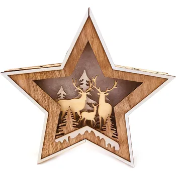 Vánoční dekorace Dřevěná svítící dekorace hvězda - Jeleni s kolouškem