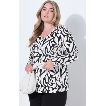 Dámské tričko Ulla Popken, Plus size Tričko, grafický potisk, A střih, výstřih do V, dlouhé rukávy pro plnoštíhlé nadměrná velikost, 844541100-1129, černý, 46/48, Nadměrné velikosti, Plus size oblečení, Oblečení pro boubelky, Oblečení pro baculky, Oblečení pro plnoštíh