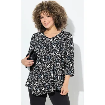 Dámské tričko Ulla Popken, Plus size Tričko, ozdobné sklady, A střih, výstřih do V, 3/4 rukávy pro plnoštíhlé nadměrná velikost, 844953100-1130, černý, 50/52, Nadměrné velikosti, Plus size oblečení, Oblečení pro boubelky, Oblečení pro baculky, Oblečení pro plnoštíhlé, 