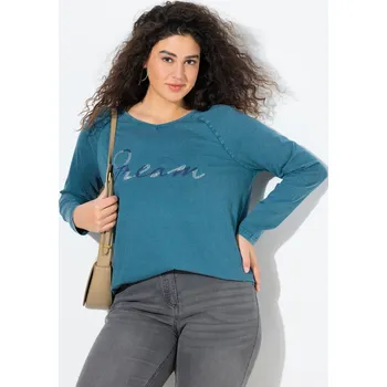 Dámské tričko Ulla Popken, Plus size Tričko, vintage vzhled, A střih, výstřih do V, dlouhé rukávy pro plnoštíhlé nadměrná velikost, 842034751-1131, modrý, 54/56, Nadměrné velikosti, Plus size oblečení, Oblečení pro boubelky, Oblečení pro baculky, Oblečení pro plnoštíhl