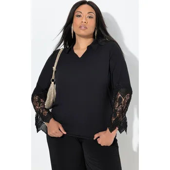 Dámská halenka Ulla Popken, Plus size Halenka, krajka, límeček, výstřih do V, dlouhé rukávy, krep pro plnoštíhlé nadměrná velikost, 847396130-1128, černý, 42/44, Nadměrné velikosti, Plus size oblečení, Oblečení pro boubelky, Oblečení pro baculky, Oblečení pro plnoštíhlé