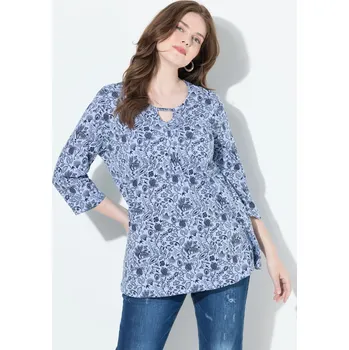 Dámské tričko Ulla Popken, Plus size Tričko, květy, A střih, kulatý výstřih, 3/4 rukávy pro plnoštíhlé nadměrná velikost, 835092708-1128, modrý, 42/44, Nadměrné velikosti, Plus size oblečení, Oblečení pro boubelky, Oblečení pro baculky, Oblečení pro plnoštíhlé, Oblečen