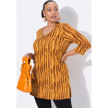 Dámské tričko Ulla Popken, Plus size Dlouhé tričko, batikovaný vzor, A střih, výstřih do V, 3/4 rukávy pro plnoštíhlé nadměrná velikost, 842800625-1131, žlutý, 54/56, Nadměrné velikosti, Plus size oblečení, Oblečení pro boubelky, Oblečení pro baculky, Oblečení pro plno