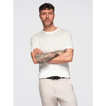 Pánský prolamovaný svetr s kulatým výstřihem a krátkými rukávy - bílý V1 OM-TSCT-0251 - XL