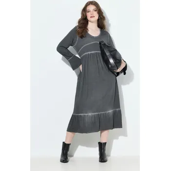 Dámské šaty Ulla Popken, Plus size Midi šaty, cupro mix, A střih, výstřih do V, 3/4 rukávy pro plnoštíhlé nadměrná velikost, 840697100-1133, šedý, 62/64, Nadměrné velikosti, Plus size oblečení, Oblečení pro boubelky, Oblečení pro baculky, Oblečení pro plnoštíhlé, Obl