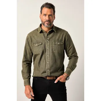 Pánská košile JP1880, Plus size Barevná džínová košile, FLEXNAMIC®, dlouhé rukávy, Kent límeček, Modern střih, do 8XL pro plnoštíhlé nadměrná velikost, 841291650-1907, zelený, 8XL, Plus size oblečení, Oblečení pro vysoké muže, Nadměrné velikosti, Oblečení pro plnoštíhl