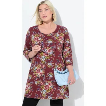 Dámské tričko Ulla Popken, Plus size Dlouhé tričko, květy, A střih, kulatý výstřih, 3/4 rukávy pro plnoštíhlé nadměrná velikost, 842622542-1129, červený, 46/48, Nadměrné velikosti, Plus size oblečení, Oblečení pro boubelky, Oblečení pro baculky, Oblečení pro plnoštíhlé