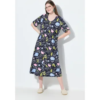 Dámské šaty Ulla Popken, Plus size Midi šaty, květy, výstřih do V, krátké rukávy, biobavlna pro plnoštíhlé nadměrná velikost, 842784130-1131, modrý, 54/56, Nadměrné velikosti, Plus size oblečení, Oblečení pro boubelky, Oblečení pro baculky, Oblečení pro plnoštíhlé, O