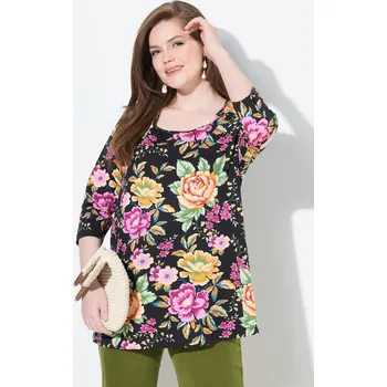 Dámské tričko Ulla Popken, Plus size Tričko, květy, Classic, hranatý výstřih, 3/4 rukávy pro plnoštíhlé nadměrná velikost, 843545100-1131, černý, 54/56, Nadměrné velikosti, Plus size oblečení, Oblečení pro boubelky, Oblečení pro baculky, Oblečení pro plnoštíhlé, Obleče
