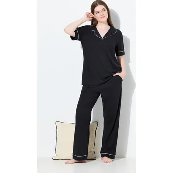 Pánské pyžamo Ulla Popken, Plus size Pyžamo, ozdobná lemovka, klopový límec, krátké rukávy pro plnoštíhlé nadměrná velikost, 835397100-1132, černý, 58/60, Nadměrné velikosti, Plus size oblečení, Oblečení pro boubelky, Oblečení pro baculky, Oblečení pro plnoštíhlé, Oble