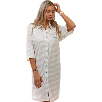 Dámská noční košile Béžová i světle hnědá pruhovaná košilka celopropínací pro plnoštíhlé kojící ženy s Pejskem 1C3460 béžová 4xl