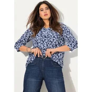 Dámské tričko Ulla Popken, Plus size Tričko, A střih, výstřih do V, ozdobné sklady, 3/4 rukávy pro plnoštíhlé nadměrná velikost, 830714812-1129, modrý, 46/48, Nadměrné velikosti, Plus size oblečení, Oblečení pro boubelky, Oblečení pro baculky, Oblečení pro plnoštíhlé, 