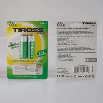 Článková baterie 2ks Akumulator AA Li-Ion 1650mAh 1,5V , USB-C