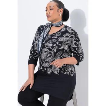 Dámské tričko Ulla Popken, Plus size Dlouhé tričko, potisk, A střih, výstřih do V, 3/4 rukávy pro plnoštíhlé nadměrná velikost, 842840100-1129, černý, 46/48, Nadměrné velikosti, Plus size oblečení, Oblečení pro boubelky, Oblečení pro baculky, Oblečení pro plnoštíhlé, O