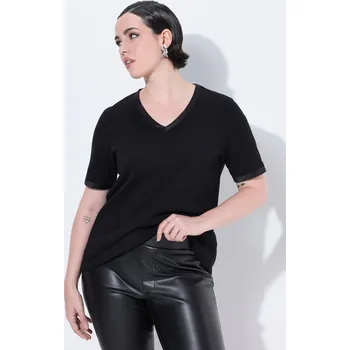 Dámské tričko Ulla Popken, Plus size Tričko, žebrovaný žerzej, saténové okraje, Slim, výstřih do V, krátké rukávy pro plnoštíhlé nadměrná velikost, 842743100-1130, černý, 50/52, Nadměrné velikosti, Plus size oblečení, Oblečení pro boubelky, Oblečení pro baculky, Obleče