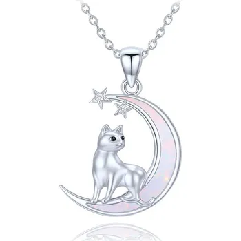 Náhrdelník MINET Stříbrný náhrdelník kočka na měsíci s bílými a černými zirkony a bílým opálem