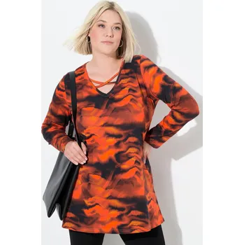 Dámské tričko Ulla Popken, Plus size Dlouhé tričko, A střih, výstřih do V, ozdobné stuhy, dlouhé rukávy pro plnoštíhlé nadměrná velikost, 844598350-1130, červený, 50/52, Nadměrné velikosti, Plus size oblečení, Oblečení pro boubelky, Oblečení pro baculky, Oblečení pro p