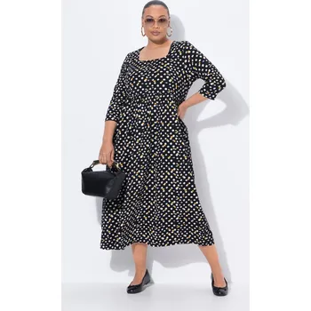 Dámské šaty Ulla Popken, Plus size Maxi šaty, puntíky, A střih, hranatý výstřih, 3/4 rukávy pro plnoštíhlé nadměrná velikost, 842748100-1134, černý, 66/68, Nadměrné velikosti, Plus size oblečení, Oblečení pro boubelky, Oblečení pro baculky, Oblečení pro plnoštíhlé, O